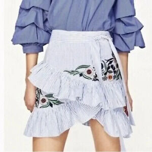 Zara Blue & White Stripe Tiered Ruffle Floral Embroidered Mini Skirt Size XS